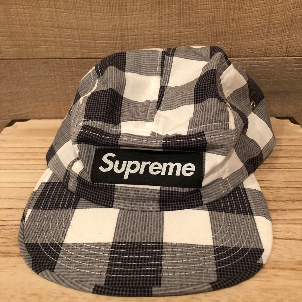 Supreme Large Gingham Black and White Camp Hat
